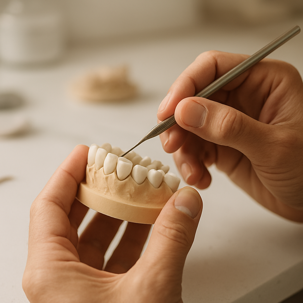 Zahntechniker bei der präzisen Arbeit im Dentallabor